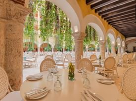 Vie of hotel Charleston Santa Teresa, Harry´s Restaurant, in the patio, located in Cartagena de Indias, Colombia. 