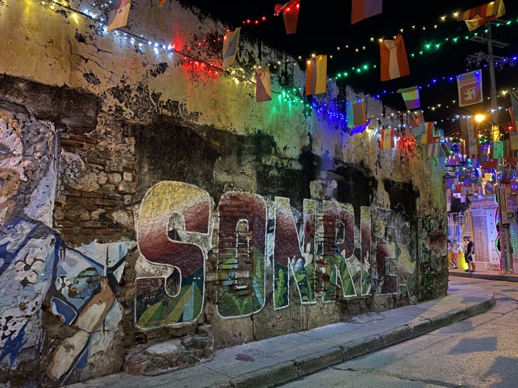 Colorful streets in Getsemani neighbourhood, Cartagena Colombia. 
